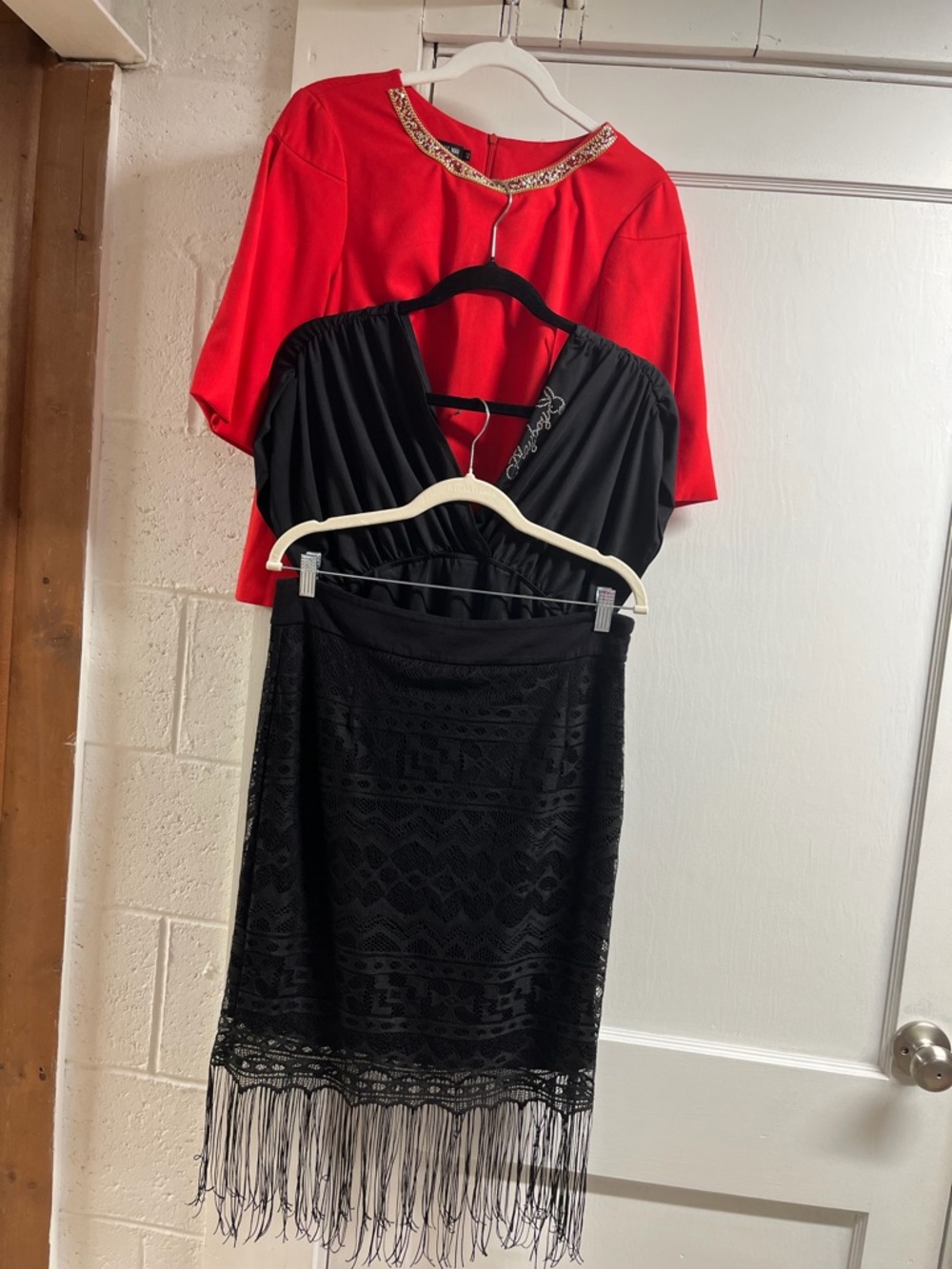 3 pc PLAYBOY Black Top/blouse with Red and Gold Accent/skirt w/lace and fringes